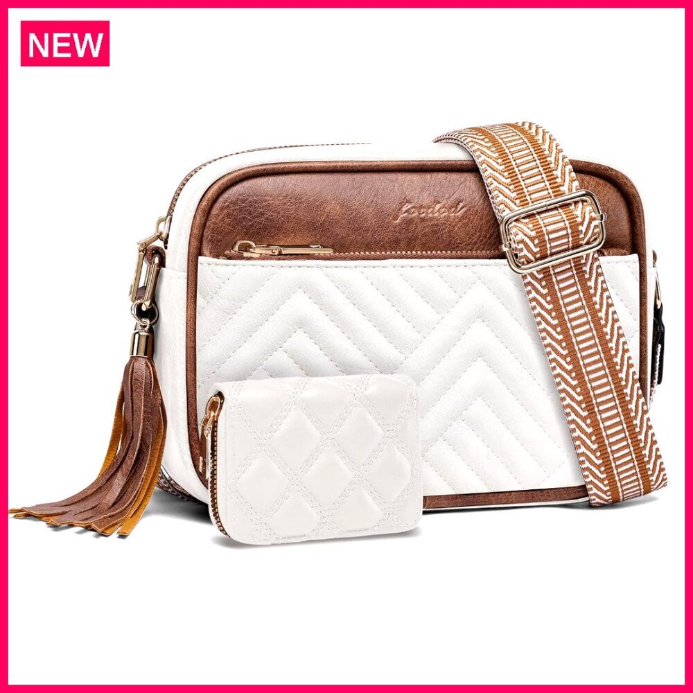 Vegan Leather Crossbody Bag with Wallet, Wide Guitar Strap, Tassel